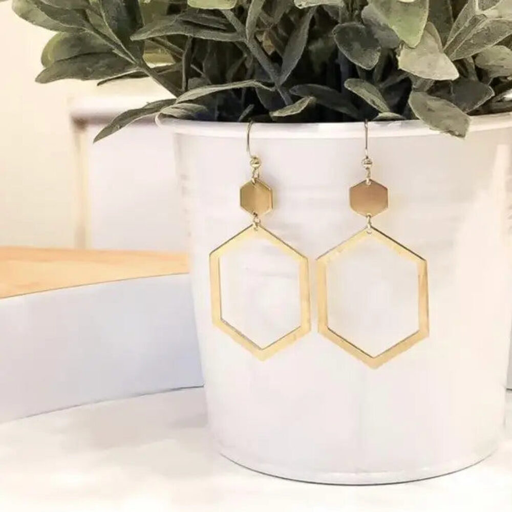 Brass Hexagon Dangle Earrings​